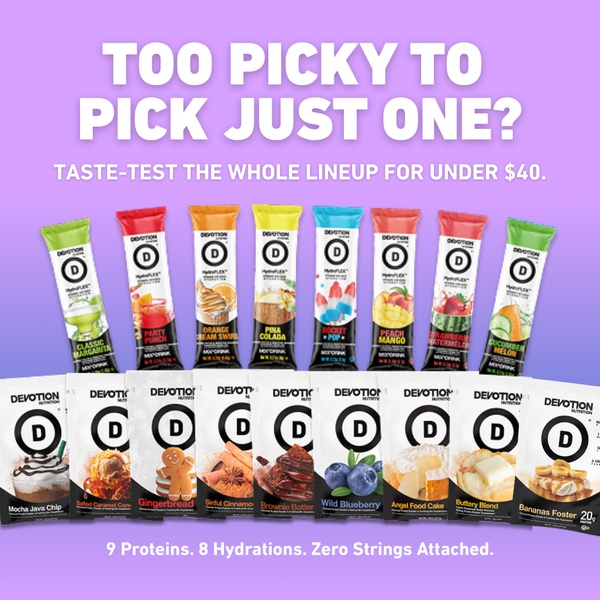 A top-down, clean product grid showcasing a wide range of flavored protein and hydration sachets to emphasize variety and low-barrier entry pricing.